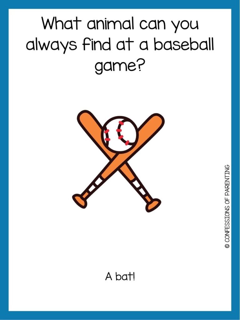 in post image with white background and blue border, text with a toddler joke and image of a baseball and two baseball bats