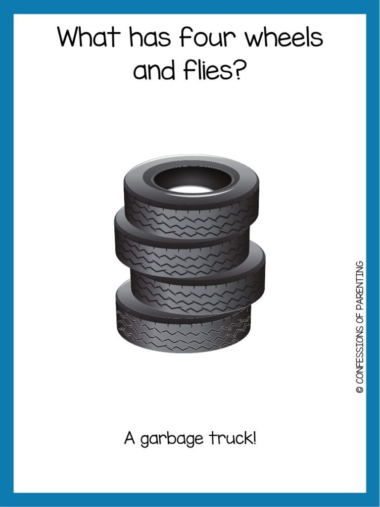in post image with white background and blue border, text with a toddler joke and image of tires