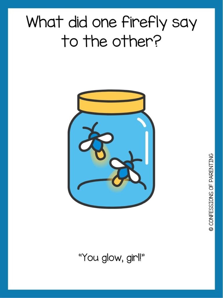 in post image with white background and blue border, text with a toddler joke and image of a jar with fireflies
