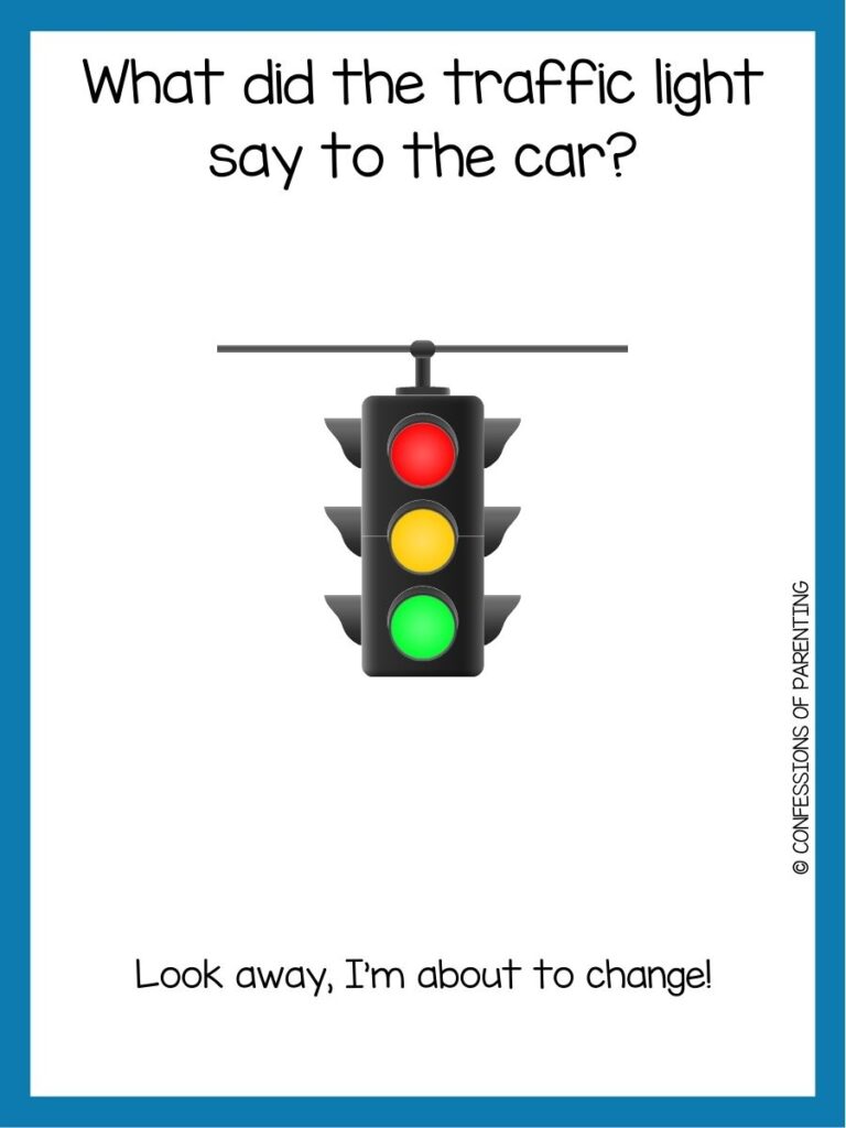 in post image with white background and blue border, text with a toddler joke and image of a stoplight