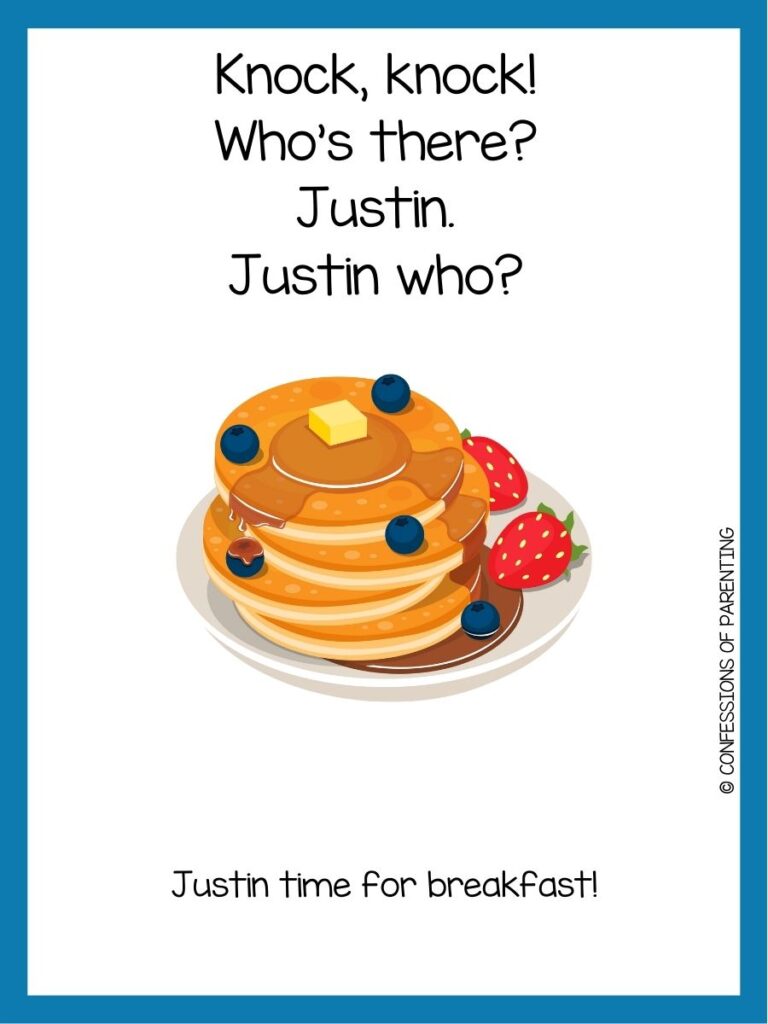 in post image with white background and blue border, text with a toddler joke and image of pancakes