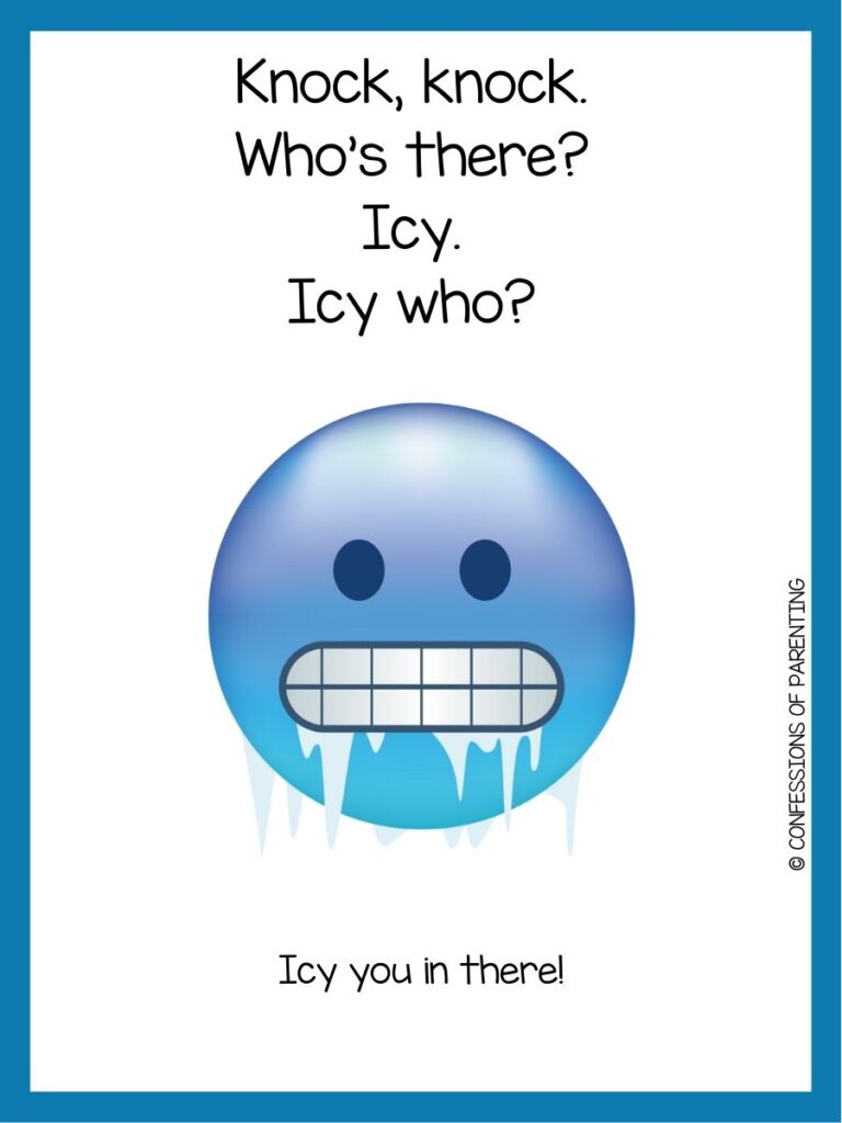 in post image with white background and blue border, text with a toddler joke and image of a cold emoji
