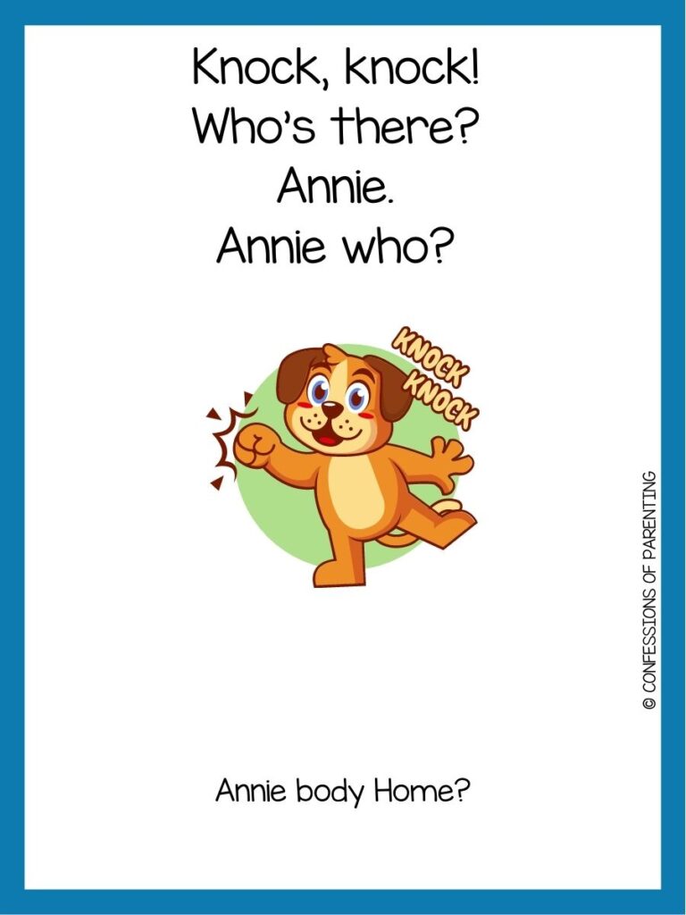 in post image with white background and blue border, text with a toddler joke and image of a dog knocking