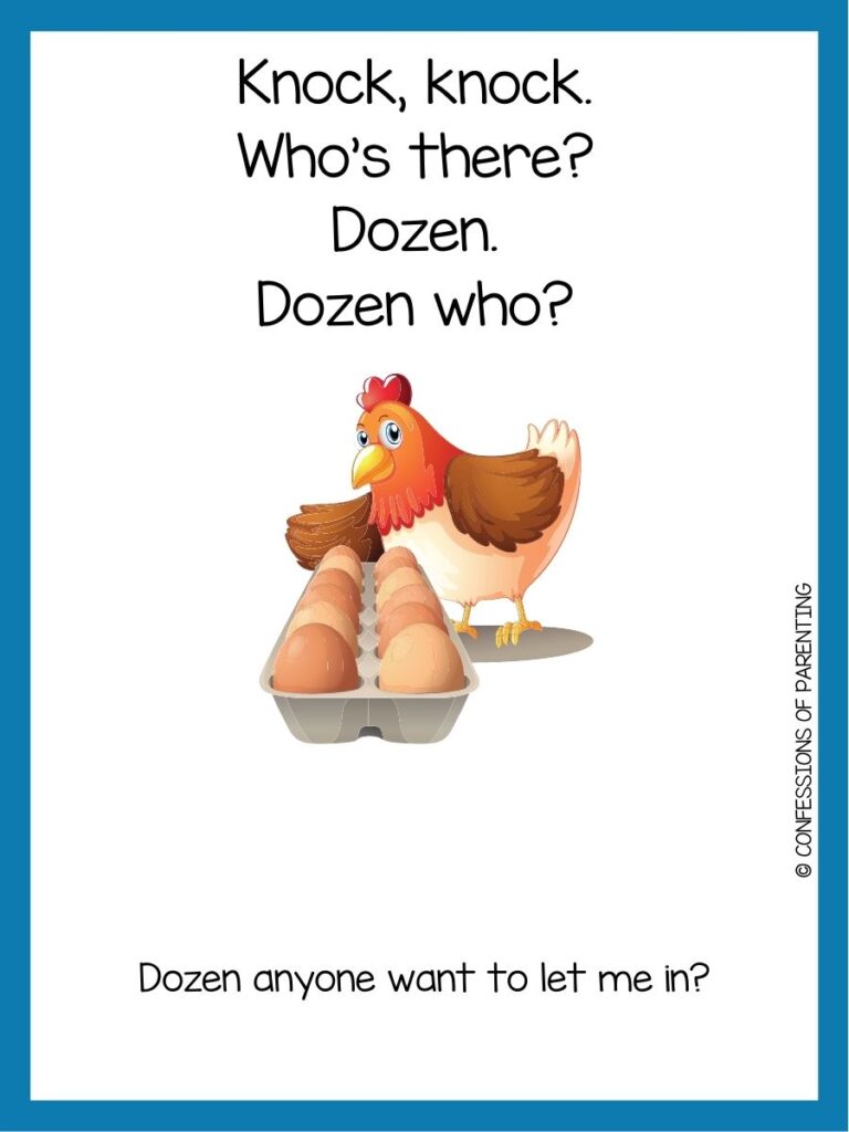 in post image with white background and blue border, text with a toddler joke and image of a chicken with a dozen eggs