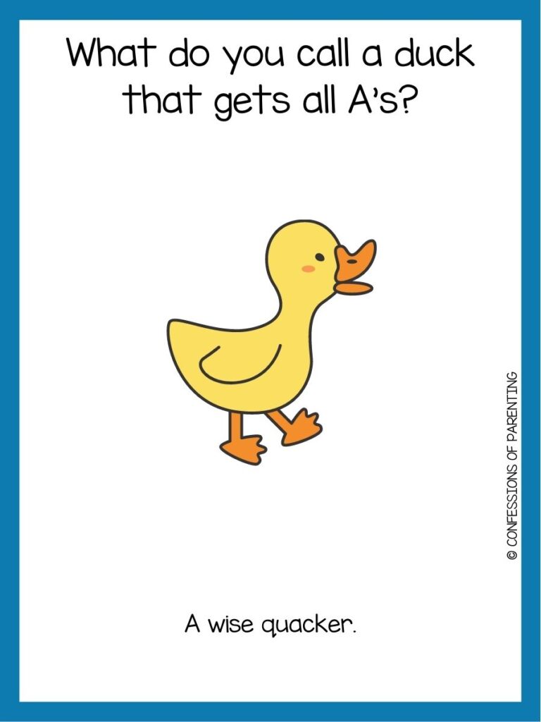 in post image with white background and blue border, text with a toddler joke and image of a duck