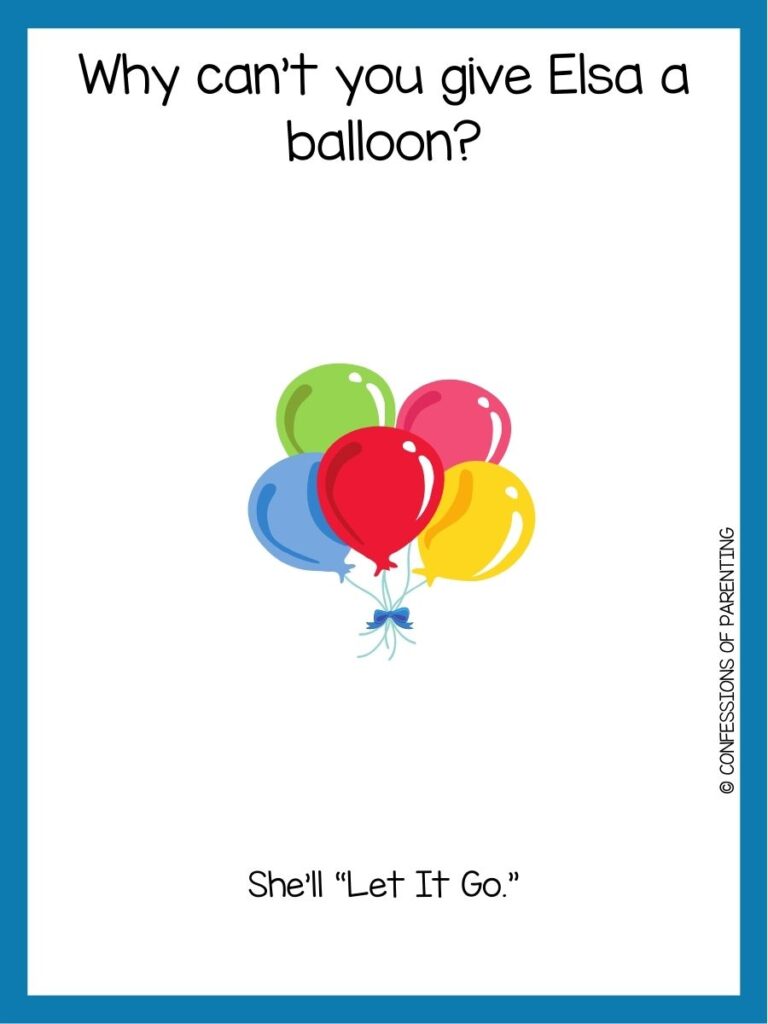 in post image with white background and blue border, text with a toddler joke and image of balloons