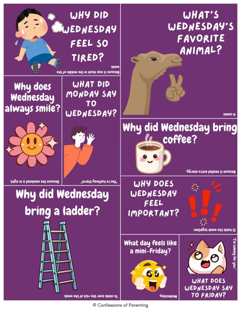 Wednesday jokes for kids featuring cartoon illustrations and funny questions like “Why did Wednesday feel so tired?”, “What’s Wednesday’s favorite animal?”, and “What day feels like a mini-Friday?