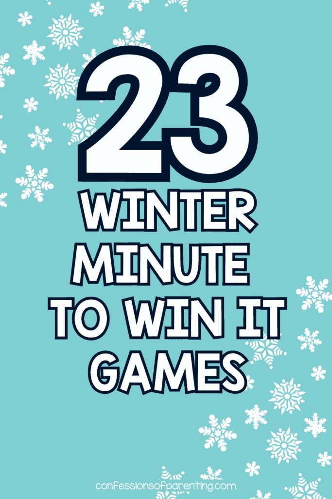 featured image with a blue background with white snowflakes, and bold white text stating "23 winter minute to win it games"