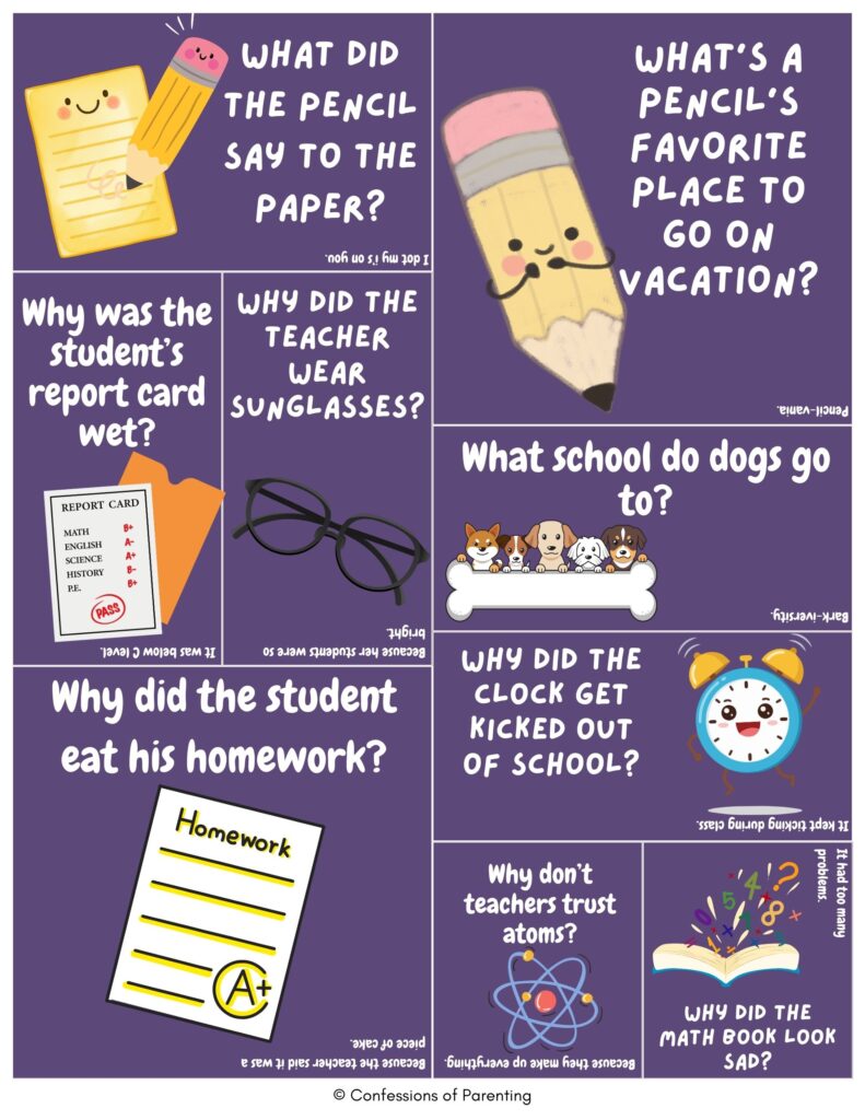Back-to-school jokes collage featuring funny classroom riddles with cartoon pencil, report card, homework sheet, clock, dogs, and math book illustrations on a purple background.