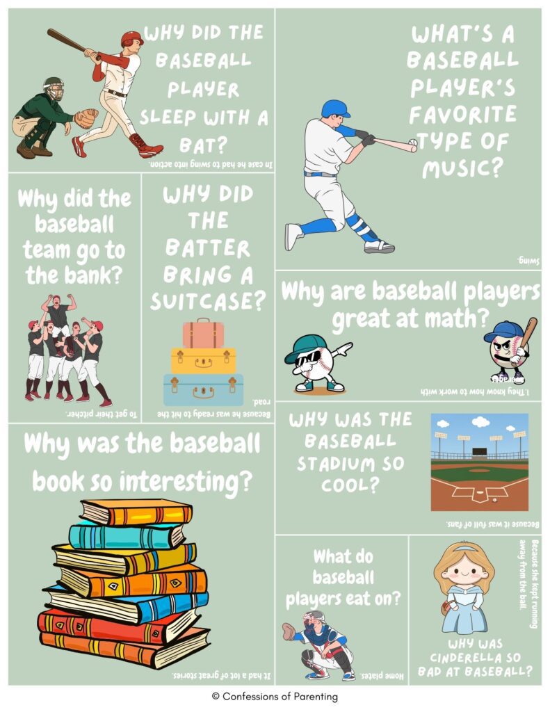 Green collage of baseball jokes for kids with cartoon players, bats, and a baseball field featuring funny baseball-themed questions and puns.