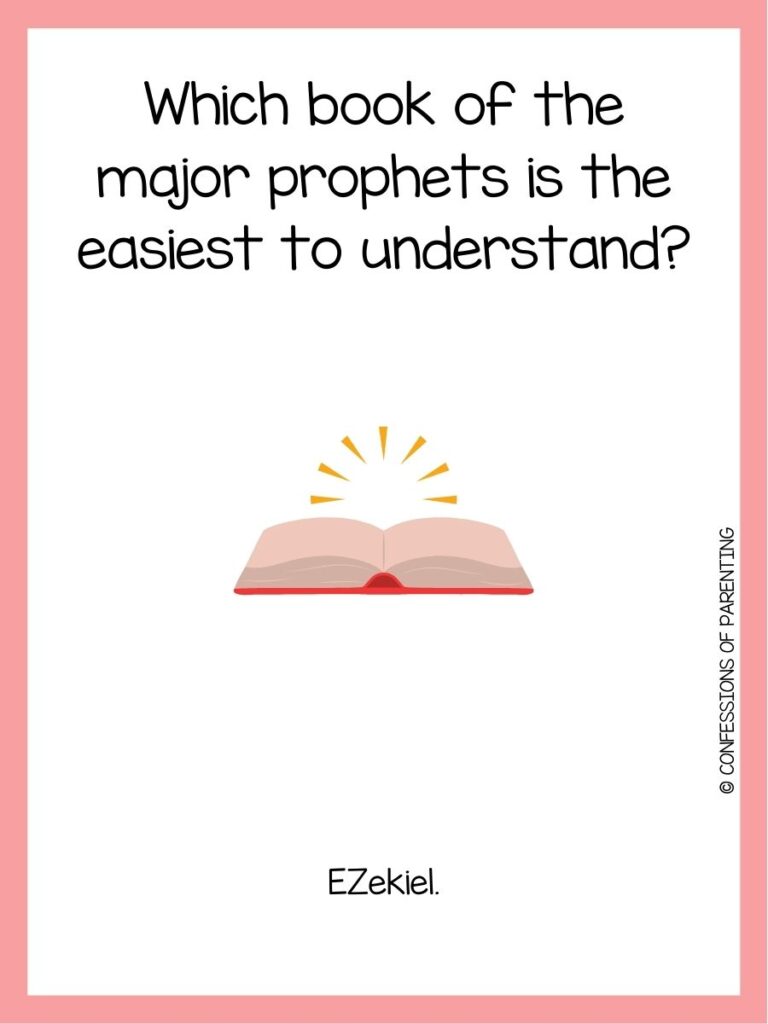 in post image with white background, pink border, text of a Bible joke and an image of a Bible