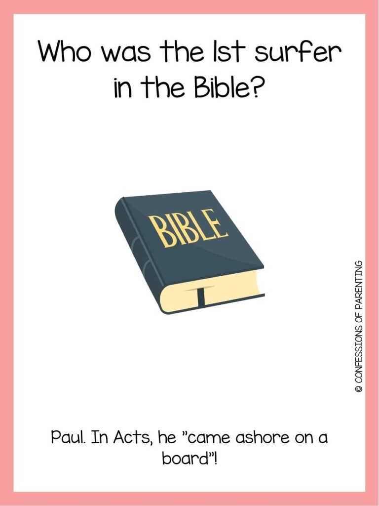 in post image with white background, pink border, text of a Bible joke and an image of a Bible