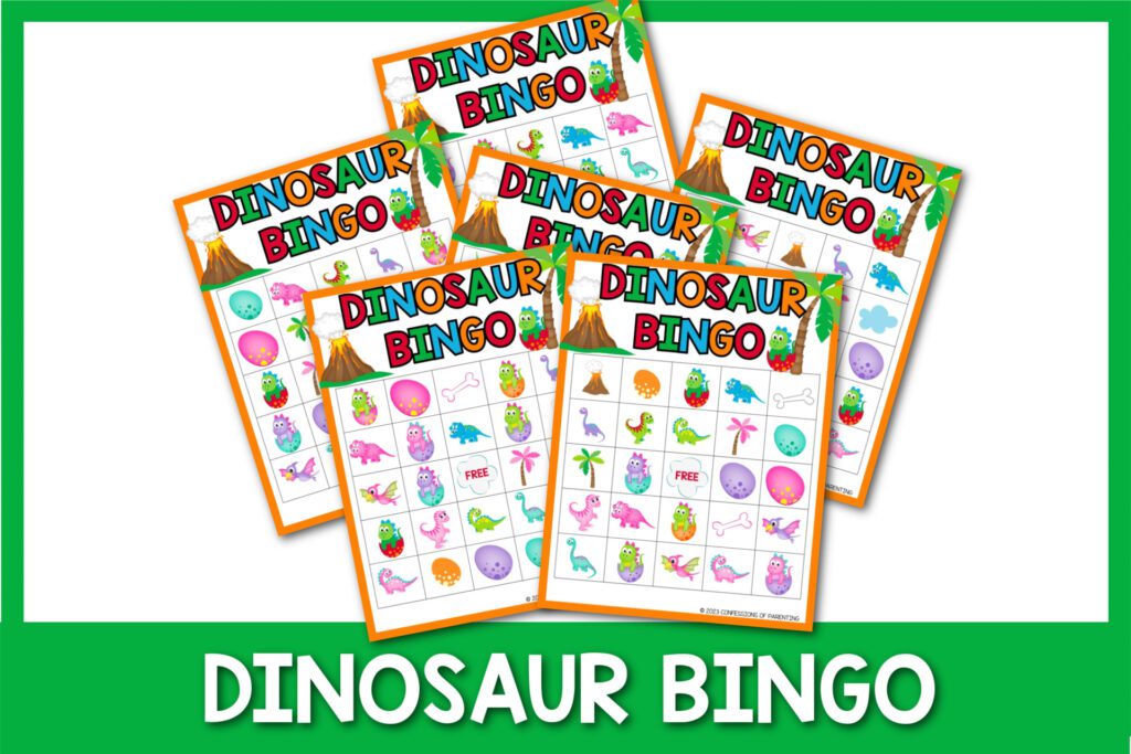 featured image with white background, green border, bold white title that says "Dinosaur Bingo" and images of dinosaur bingo printable