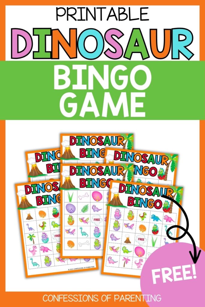 Printable dinosaur bingo game with colorful cards featuring dinosaurs, eggs, volcanoes, and plants; labeled free download