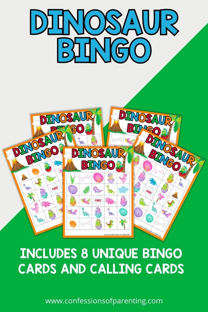 mockup image with grey and green background, bold blue title that says "dinosaur bingo" and images of dinosaur bingo printable 