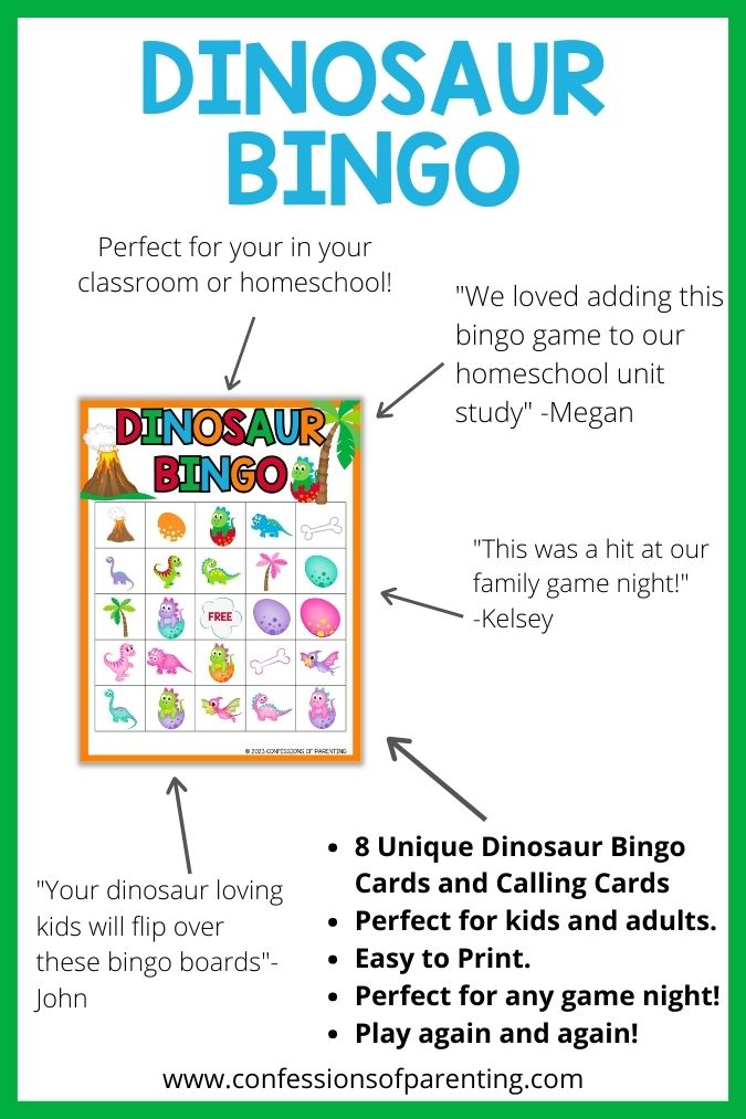mockup image with white background, green border, bold blue title that says "dinosaur bingo" and image of dinosaur bingo printable surrounded by reviews