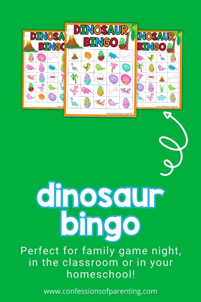 mockup image with green background, bold white and blue title that says "dinosaur bingo" and images of dinosaur bingo printable 
