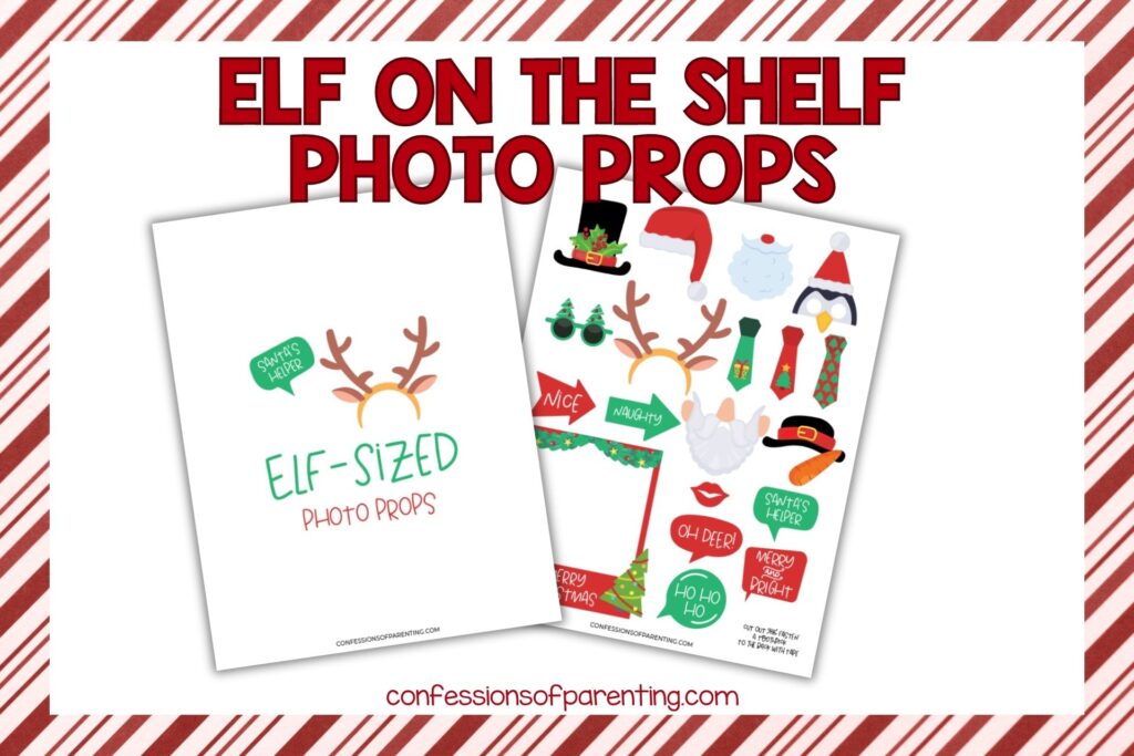 featured image with white background, candy cane striped border, bold red title that states "Elf on the Shelf Photo Props" and images of elf on the shelf photo props