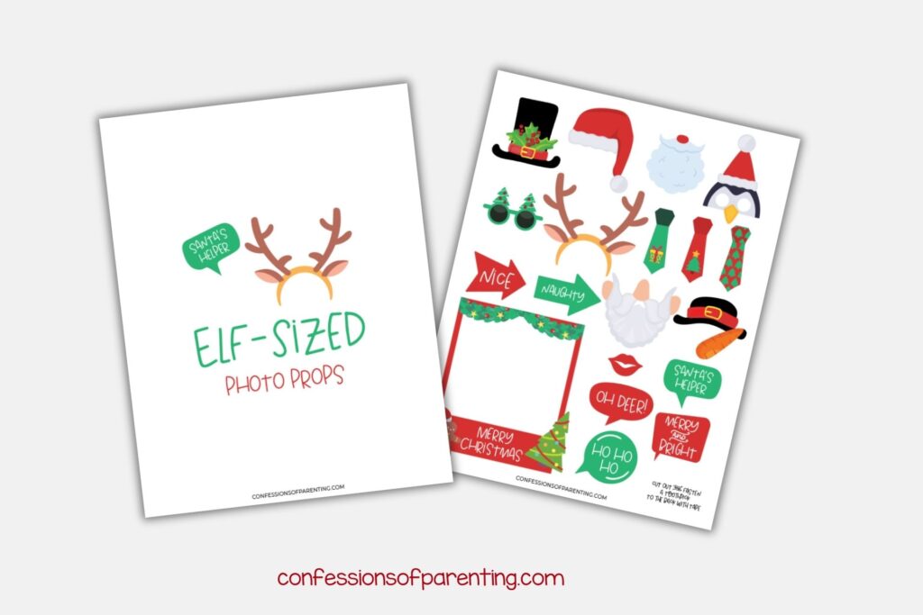 in post image with grey background and images of elf on the shelf photo props. 