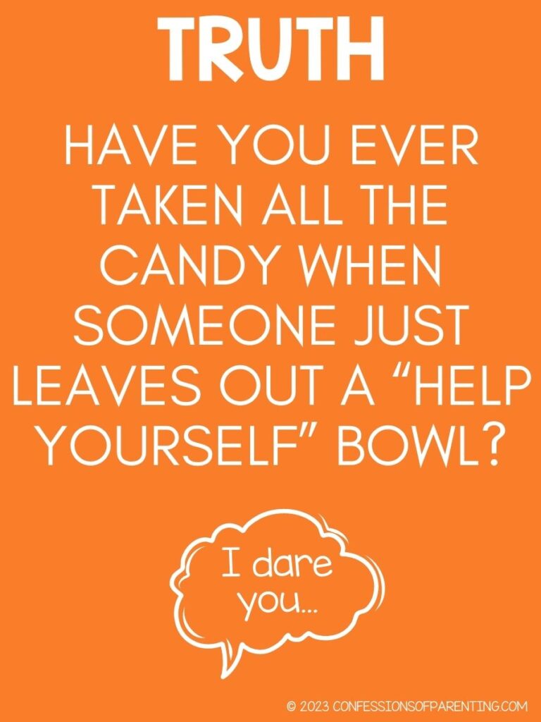 in post image with orange background, and white text with truth question