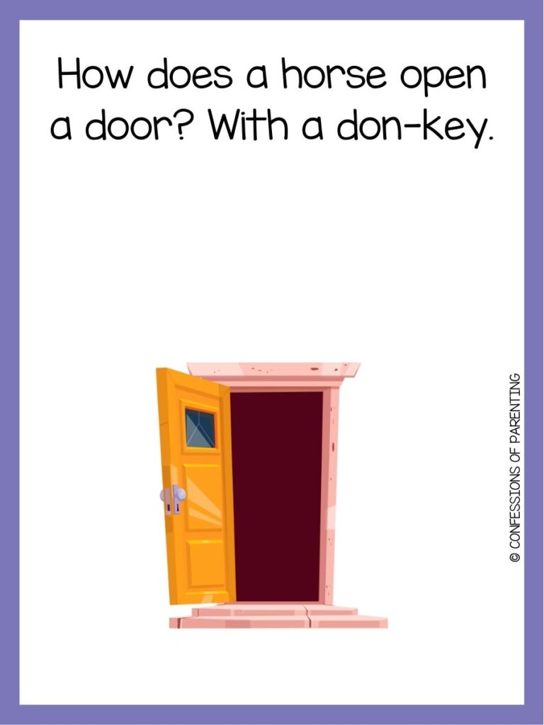 in post image with white background, purple border, text of a pun about doors and an image of a door. 