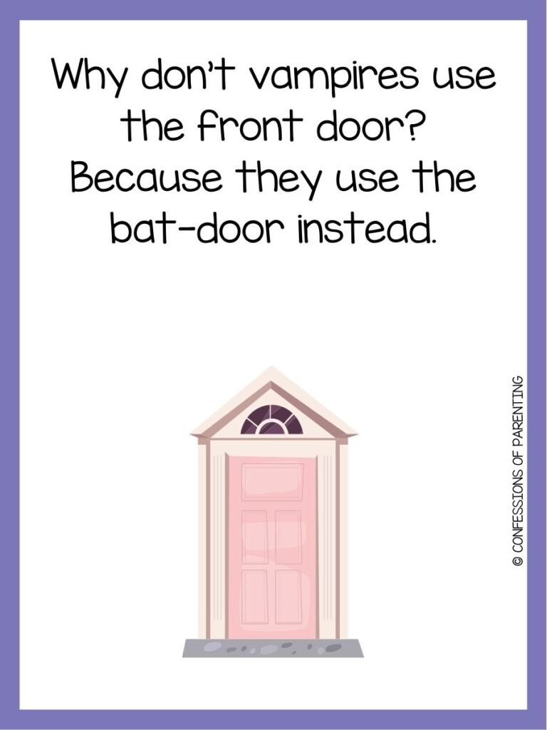 in post image with white background, purple border, text of a pun about doors and an image of a door. 