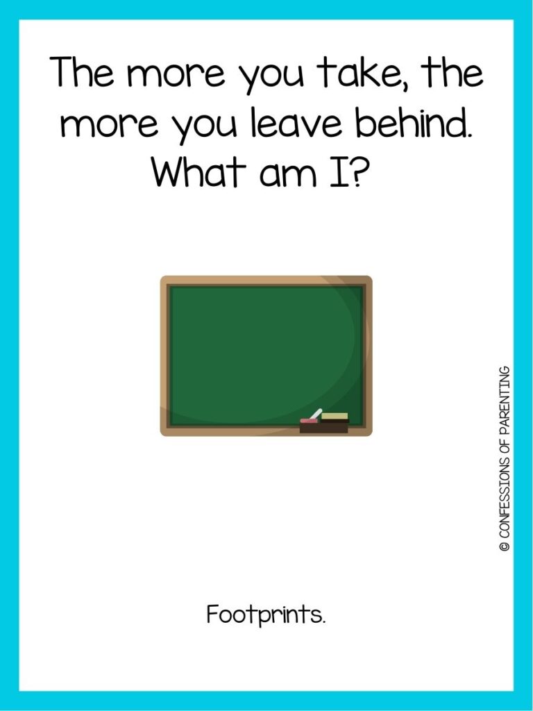 in post image with white background, teal border, text of a school riddles and an image of a chalkboard