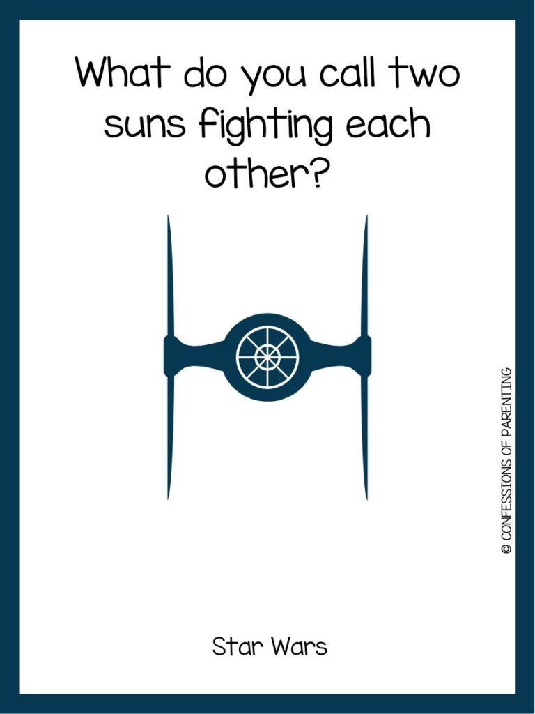 in post image with white background, dark blue border, text of a star wars joke, and an image of a ship
