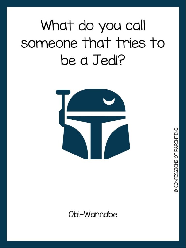 in post image with white background, dark blue border, text of a star wars joke, and an image of a droid helmet