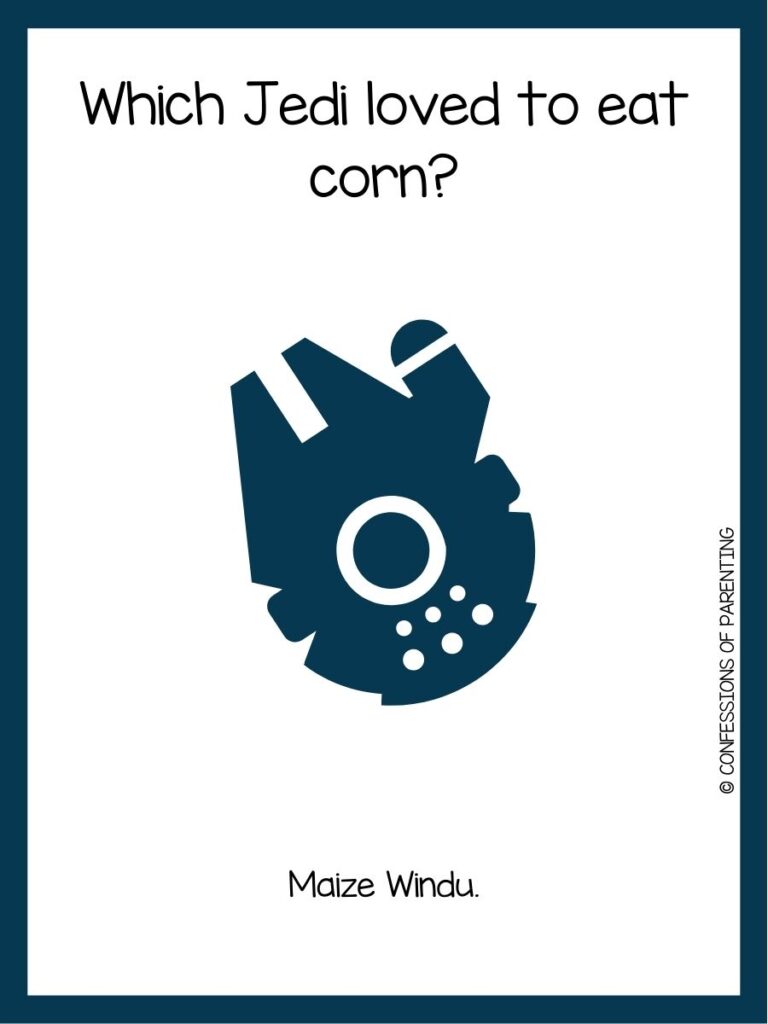 in post image with white background, dark blue border, text of a star wars joke, and an image of a ship