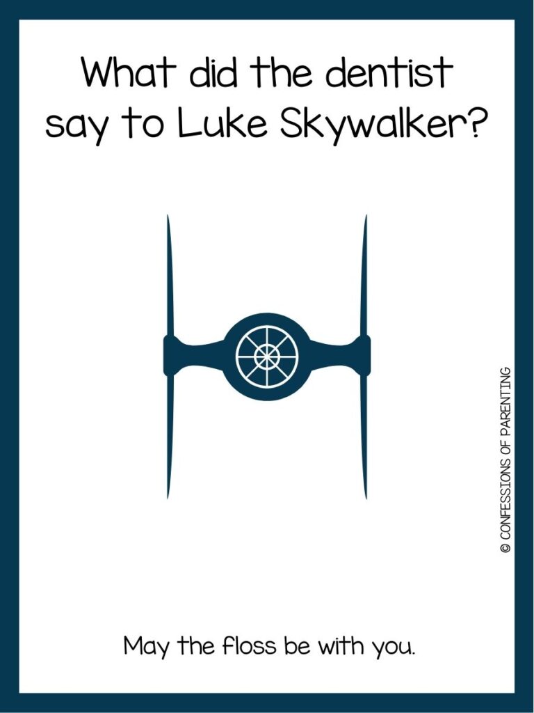 in post image with white background, dark blue border, text of a star wars joke, and an image of a ship