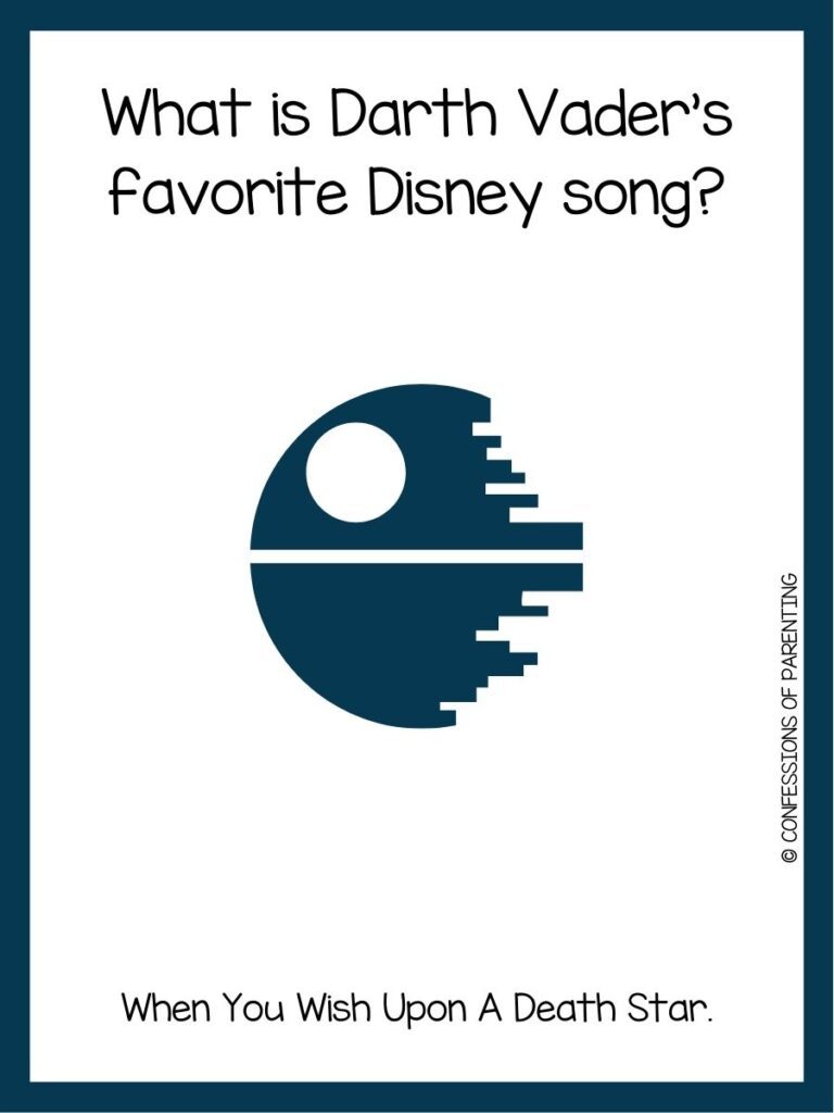 in post image with white background, dark blue border, text of a star wars joke, and an image of a death star