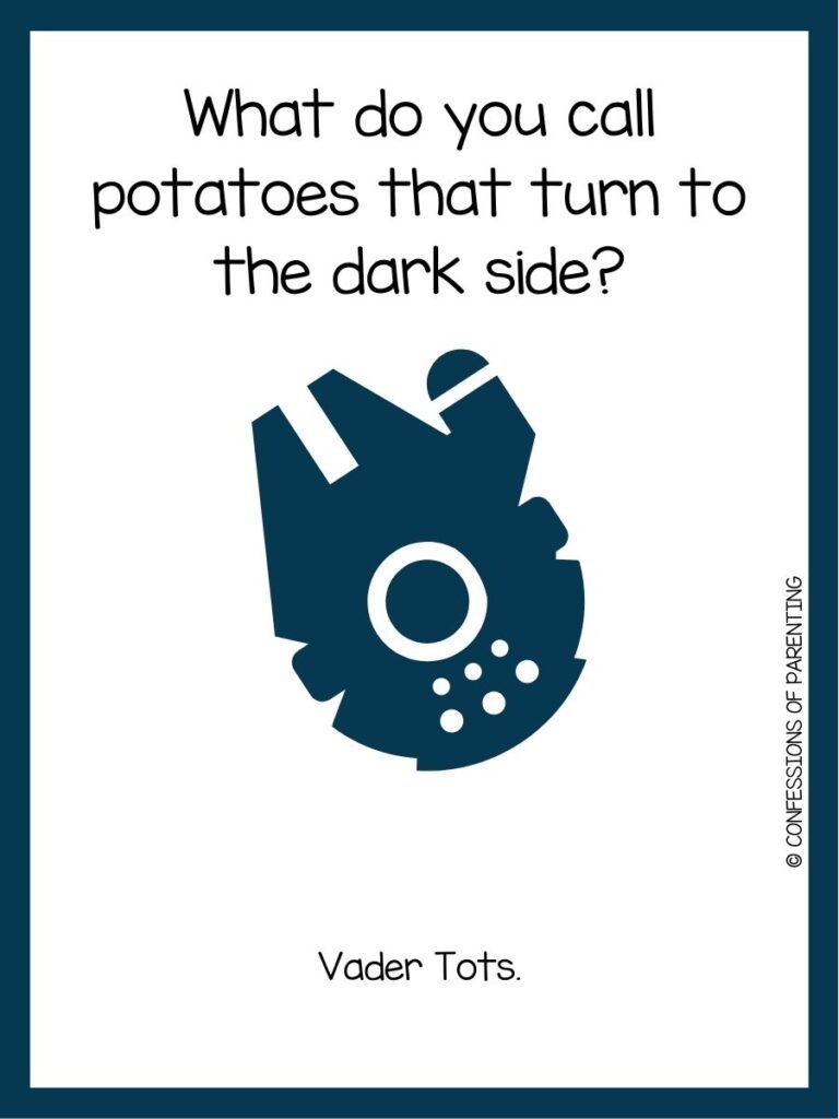 in post image with white background, dark blue border, text of a star wars joke, and an image of a ship