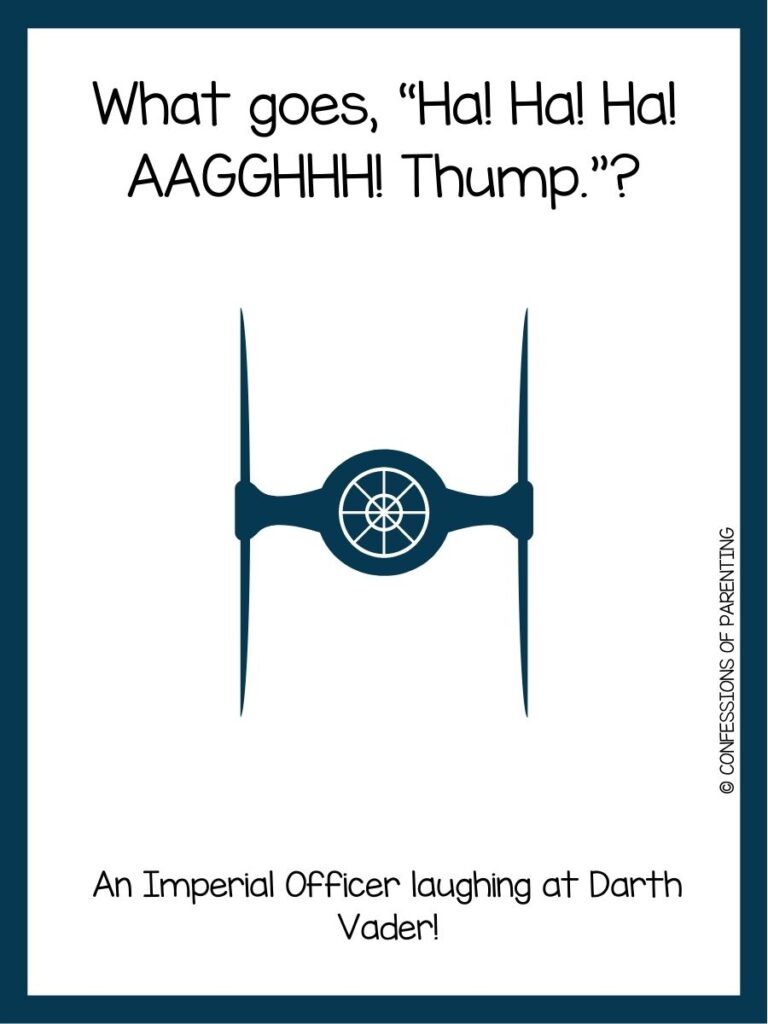in post image with white background, dark blue border, text of a star wars joke, and an image of a ship