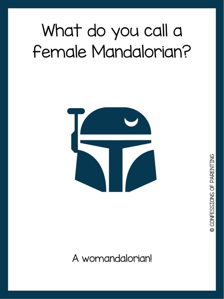 in post image with white background, dark blue border, text of a star wars joke, and an image of a droid helmet