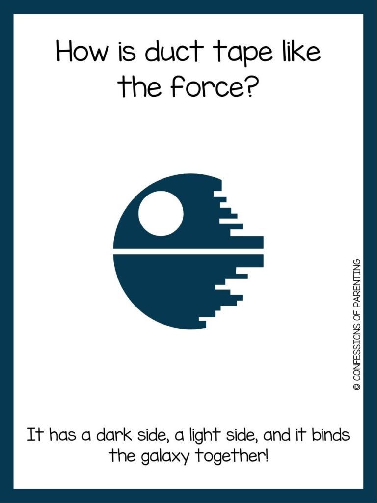 in post image with white background, dark blue border, text of a star wars joke, and an image of a death star