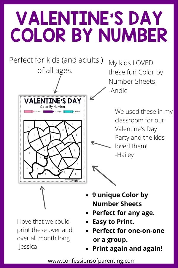 in post image with white background, purple border, bold purple title stating "Valentine's Day Color by Number" and an image of a color by number sheet surrounded by reviews. 