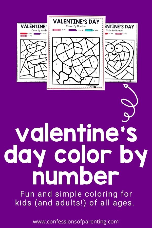 in post image with purple background, images of color by number sheets and bold white title stating "Valentine's Day Color by Number"