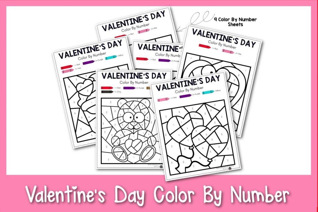 featured image with white background, pink border, bold white title stating "Valentine's Day Color by Number" and images of color by number sheets