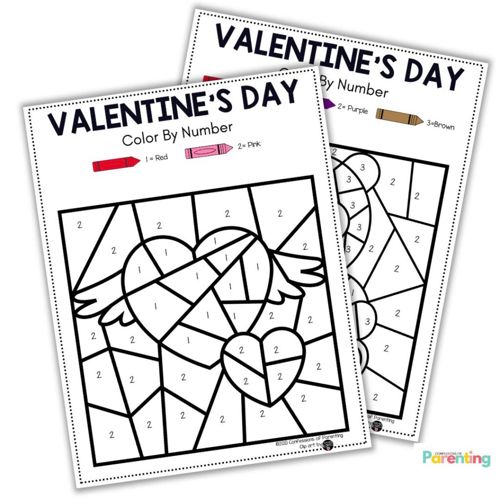 Printable Valentine’s Day color by number worksheets featuring heart designs, perfect for kids’ Valentine activities at home or school.