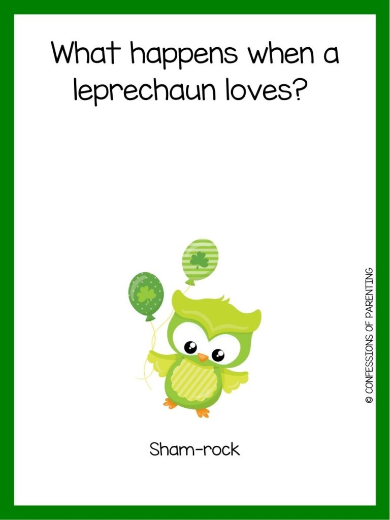 in post image with white background, green border, text of a St Patrick's Day Riddle and an image of a St Patrick's Day  owl