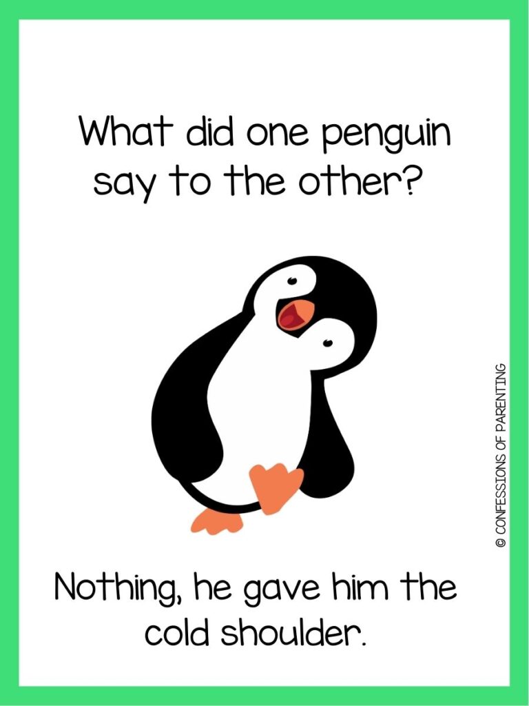 in post image with white background, green border, text of penguin jokes and an image of a penguin
