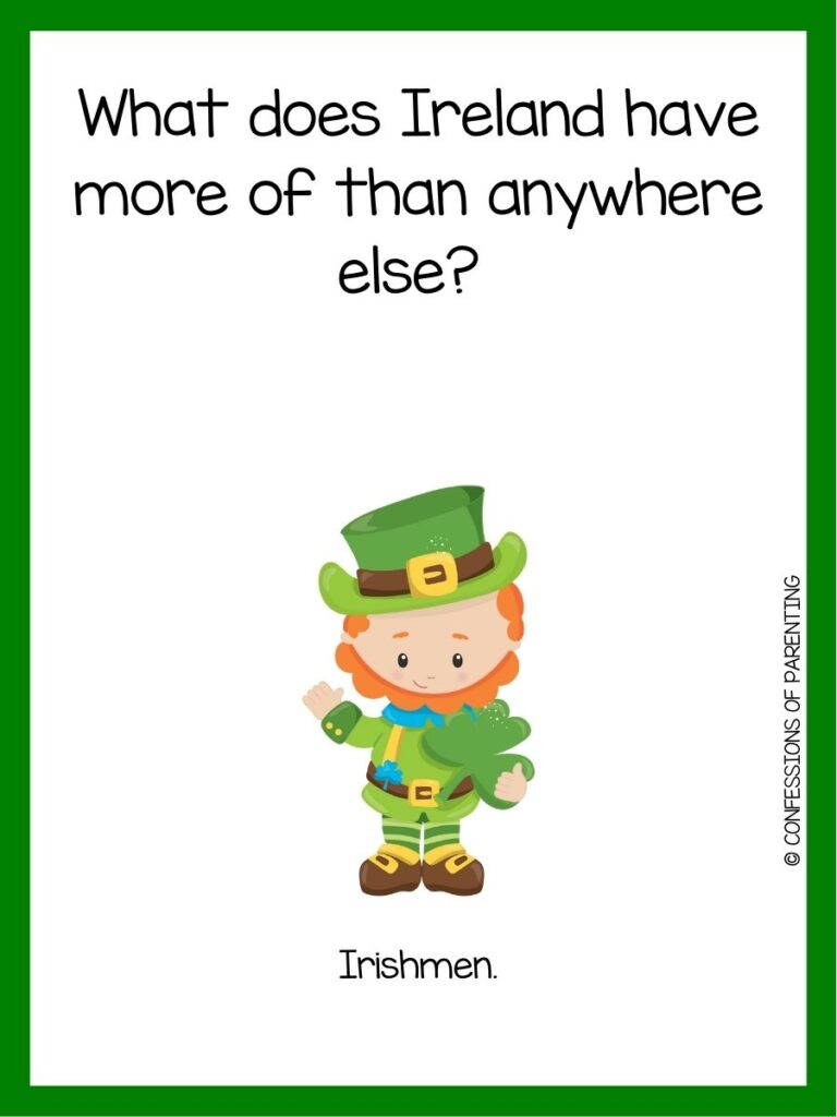 in post image with white background, green border, text of a St Patrick's Day Riddle and an image of a St Patrick's Day  leprechaun