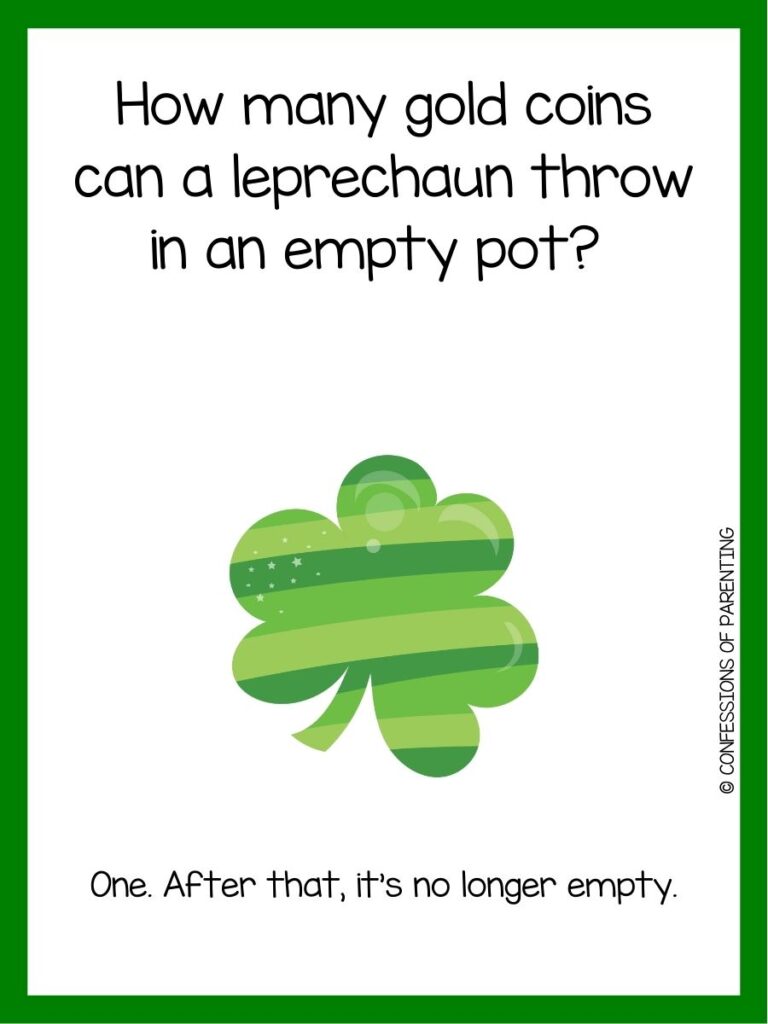 in post image with white background, green border, text of a St Patrick's Day Riddle and an image of a shamrock