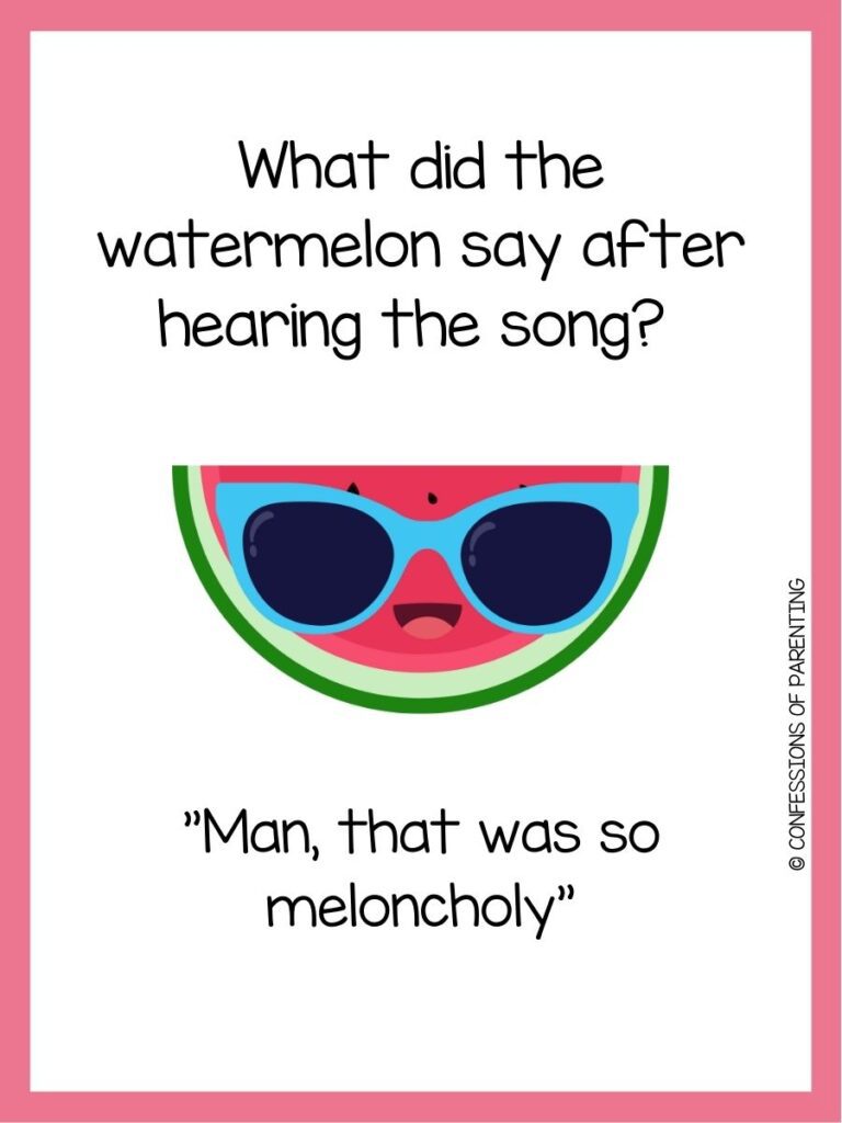 in post image with white background, pink border, text of watermelon pun and an image of a watermelon. 