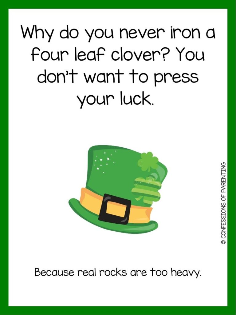 in post image with white background, green border, text of a St Patrick's Day Riddle and an image of a leprechaun hat