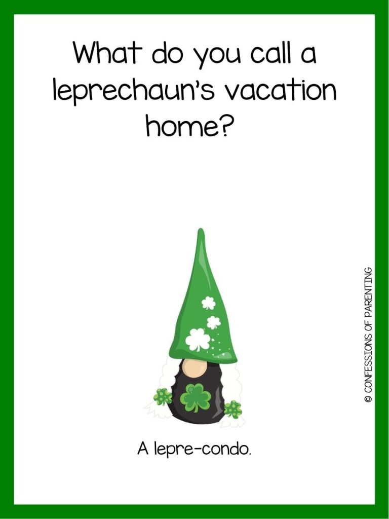 in post image with white background, green border, text of a St Patrick's Day Riddle and an image of a St Patrick's Day  gnome