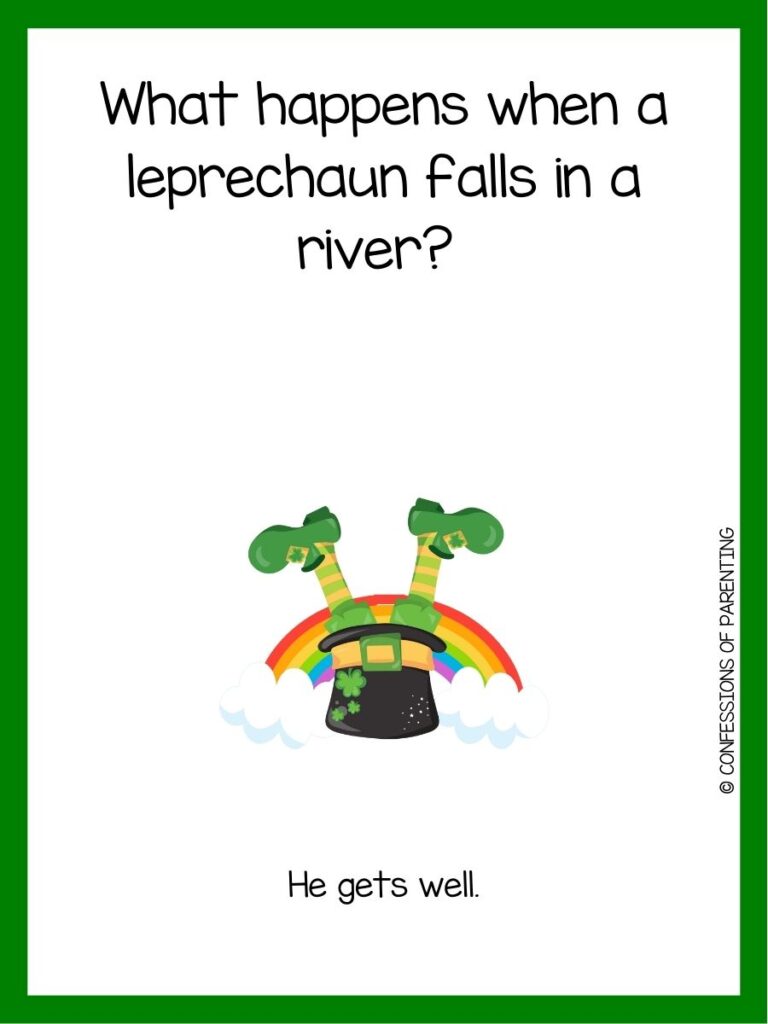 in post image with white background, green border, text of a St Patrick's Day Riddle and an image of leprechaun legs and a rainbow