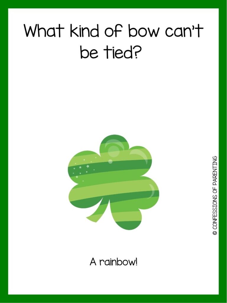 in post image with white background, green border, text of a St Patrick's Day Riddle and an image of a shamrock