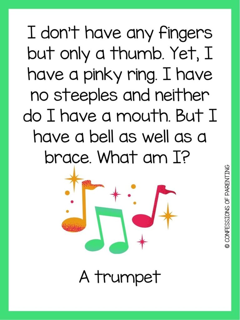 in post image with white background, green border, text of a music riddle and an image of music notes